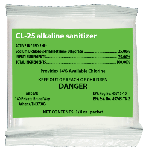 Midlab CL-25 Alkaline  Sanitizer, 0.25oz - (200/cs)