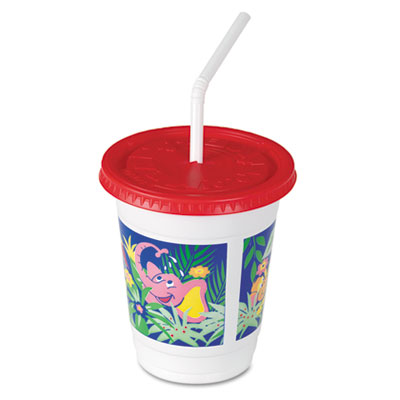 Dart Solo Plastic Kids Cup w/  Lid &amp; Straw, Jungle Print - 