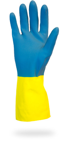 28mil, Blue Flock Lined Neoprene Glove over Yellow