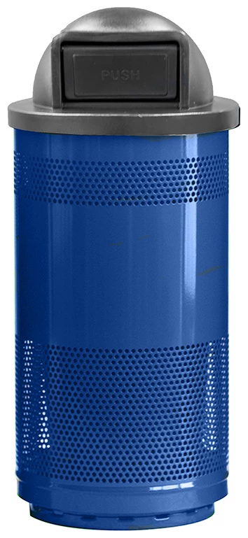 Standard Perforated Metal Blue 
Waste Can, 35gal, Black Dome 
Top