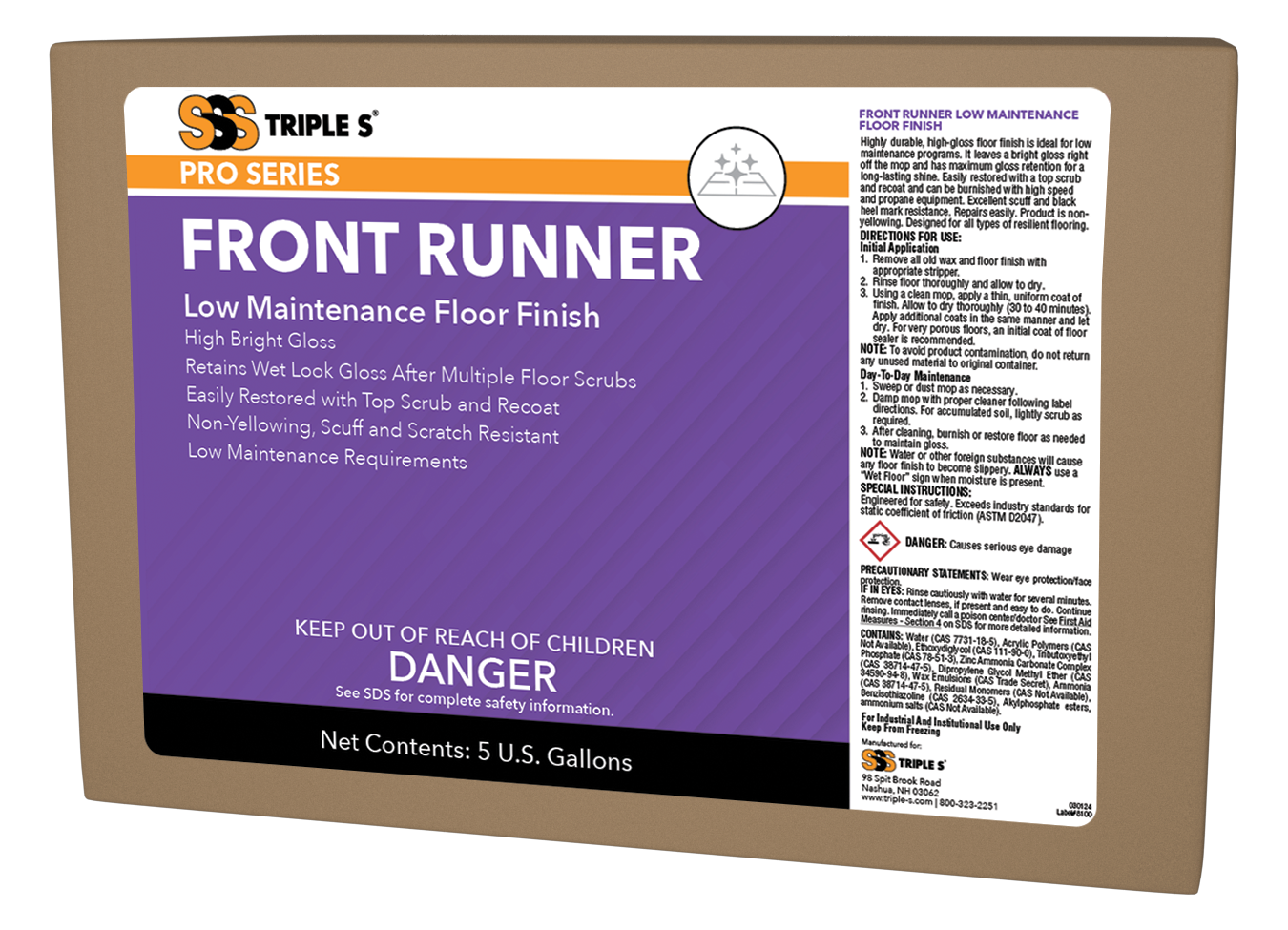 SSS Front Runner Low 
Maintenance Floor Finish - 
(5Gal BIB)